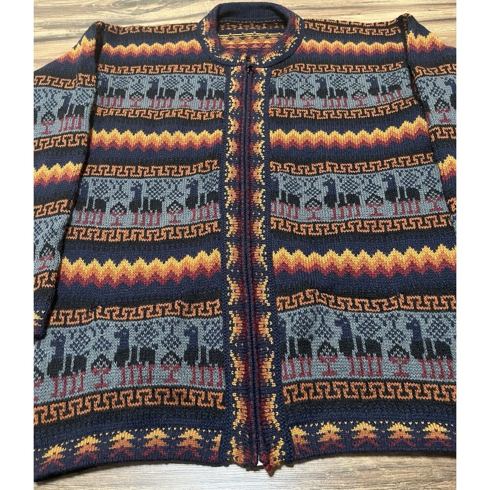 Alpaca Wool Peru Full zip Sweater Women Multicolor Llamas Designs Size L - NEW